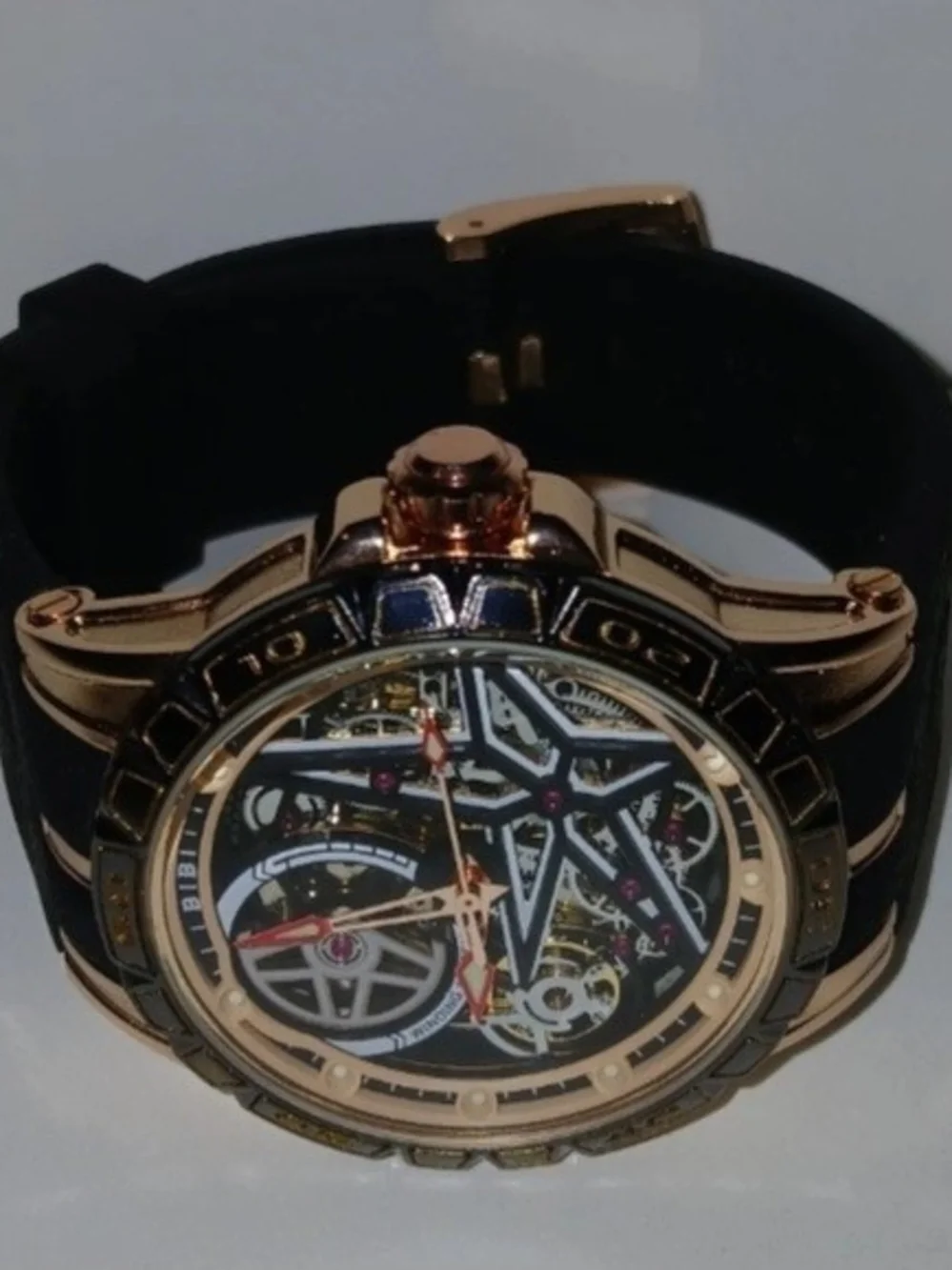 BiBi Rose Gold Skeleton Mechanical Watch with Black Strap and Red Accents